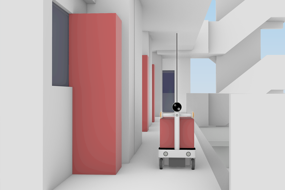 マンションの廊下を走行する宅配ロボット