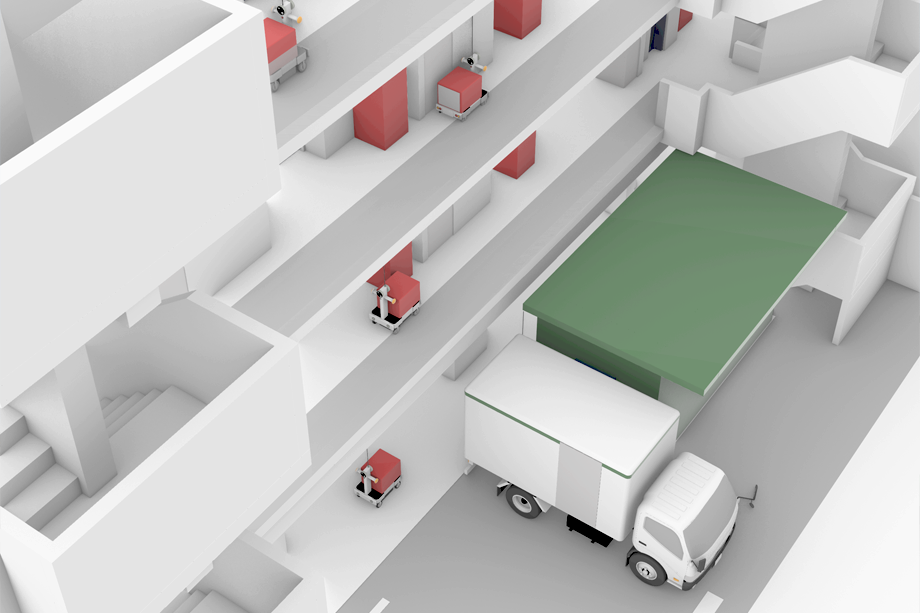 車両が届けた荷物を、小型ロボットが各部屋まで配送する様子