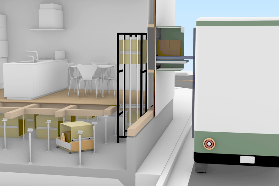 戸建住宅の受け取りポートにに自動配送車両が荷物を置き配する様子